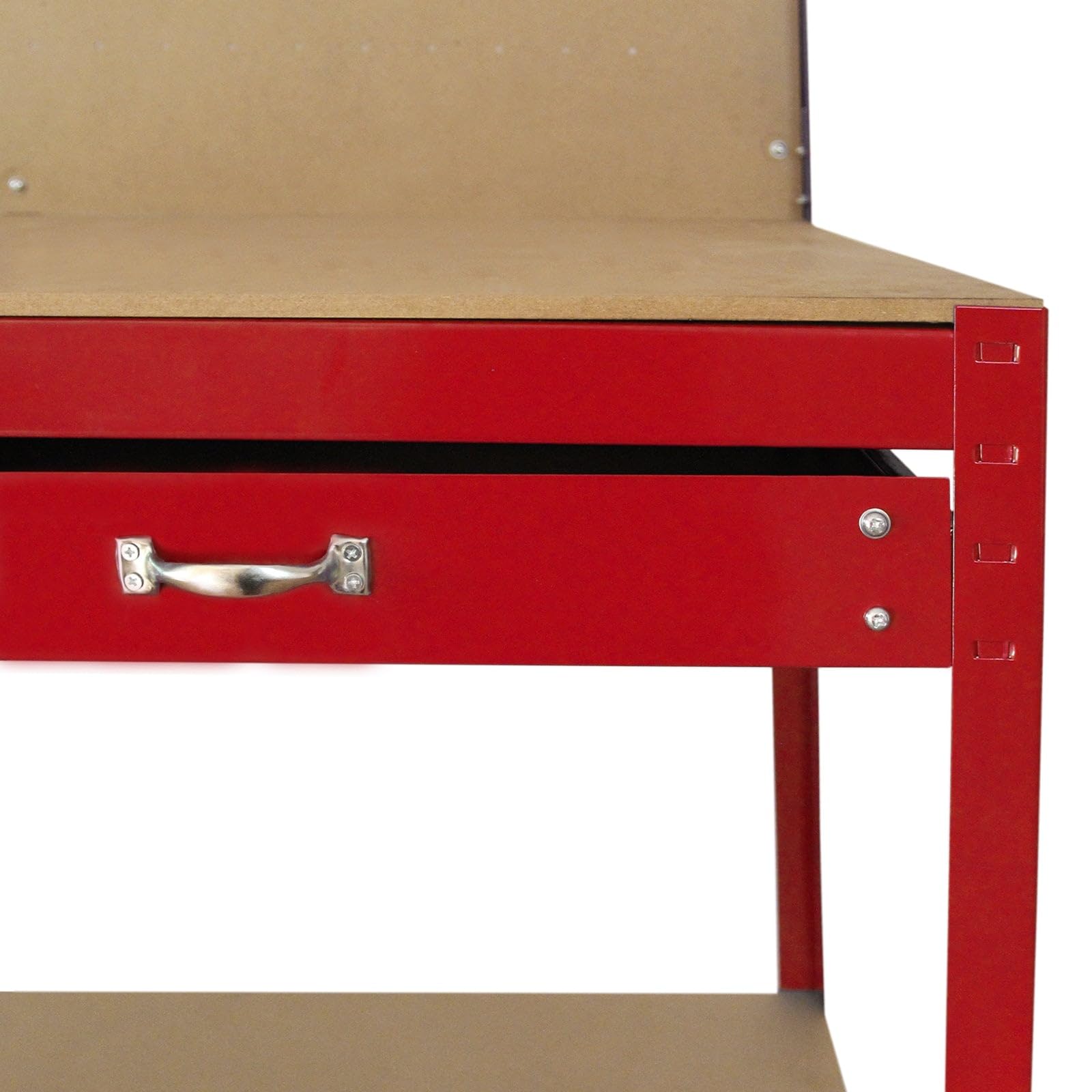 Banco da Lavoro a 3 Livelli con Piano da 120x60cm Ultra Resistente e Pannello Parete Forata Porta Attrezzi Utensili e 40 Ganci universali GRATIS + 2 Mensole e Cassetto - Rosso