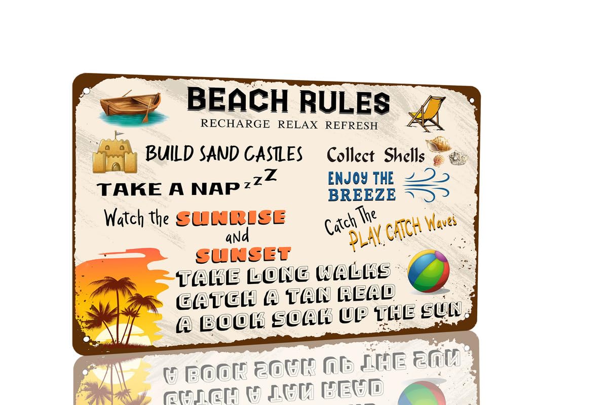 SMAZDFXX Beach Rules Metal Sign Vintage Retro Poster Wall Art Decor for Home River Beach Farmhouse Beach House Lake House Outdoor Funny Wall Decor 5.5"x8"