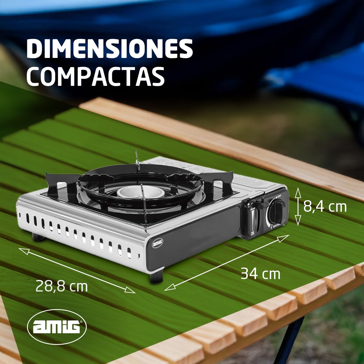 Amig - Hornillo Camping Gas - Cocina Portátil Camp01-2,2 kW Potencia - Parabrisas y Soporte Sartén - Certificación CE - Compatible Botellas CP 250 (No incluída) - Excursiones - Acero Inoxidable