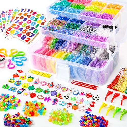 INSCRAFT 17500 PCS Elastique Bracelet Kit, 28 Couleurs 600 Pinces 352 Perles 40 Pendentifs Cartoonesques avec Boîte à 3 Couches, Loom Bands Idéal pour Tissage DIY...