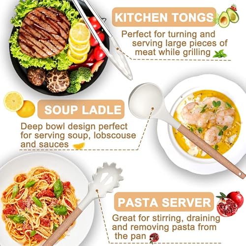 Kitchen Utensils Set, 26 Pcs Non-Stick Silicone Cooking Utensils Spatula Set With Holder, Sturdy Wooden Handle, Heat Resistance Silicone Kitchen Gadgets Utensils Set, White #TOP1