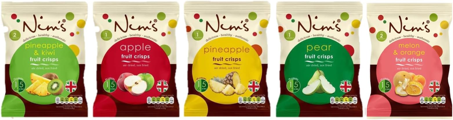 Nim's Air Dried Healthy Crisps Multipack Box of 5 | Fruit Crisps | Veg Crisps | Vegan, Gluten Free crisps | 100% Natural without sugar or salt | Made in UK (5 Fruit Crisps Box)