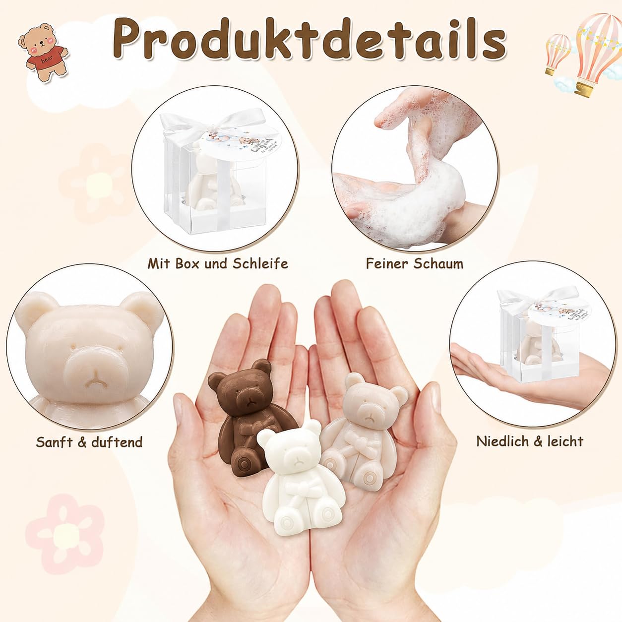 36er Set Bärchen-Seifen als Gastgeschenke, Mini-Duftseifen mit Klarsichtboxen, Schleifen & Dankeskarten, Give-aways für Taufe, Babyparty, Hochzeit, Gender Reveal & Geburtstag, Weiß & Braun