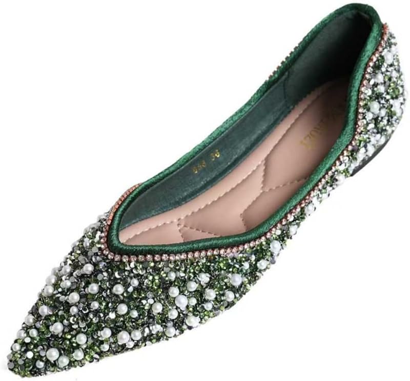 Zapatos planos de diamantes de imitación para mujer, moda con punta en punta, perlas y diamantes, tacón bajo, zapatos planos para boda, trabajo, negocios, baile, bailarinas