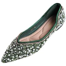 Womens Rhinestone Flats Fashion Pointed Toe Pearl Diamond Low Heel Dress Wedding Flats Work Business Dance Ballet Flats