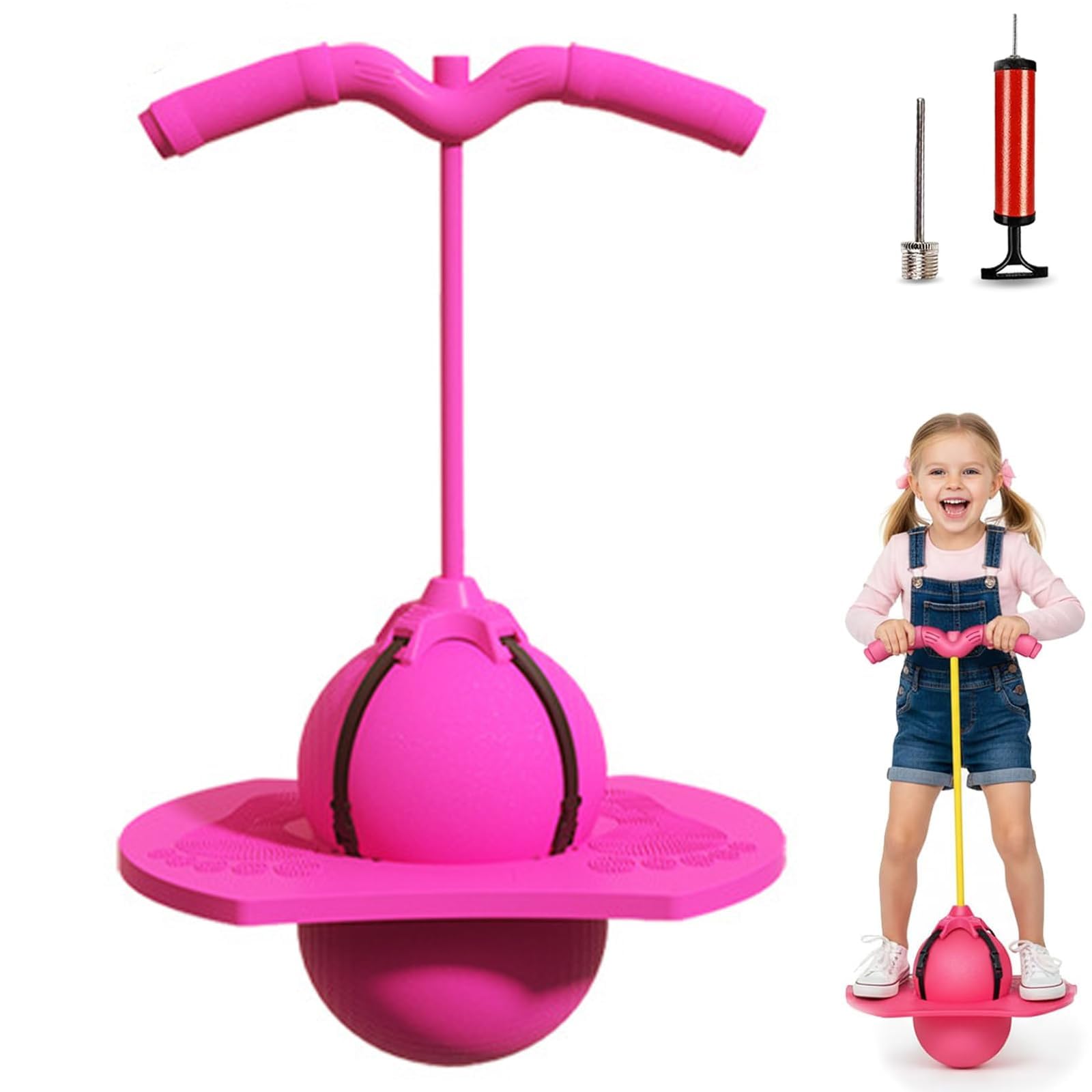 Balance Jumping Ball For Kids Stick Pump Bounce Ball With Handle Exercise Balance Ability For Children High Board Strong Grip Deck Sticks Outdoor Fun For Boys Girls (Pink)