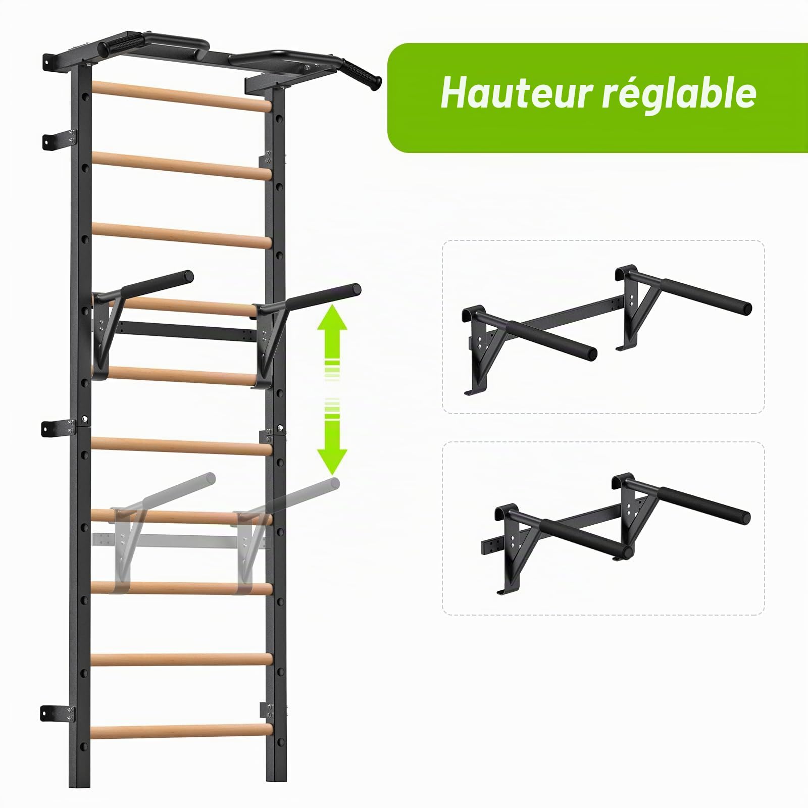 Kipika Barre de stalle de gymnastique – Échelle suédoise de 5,1 x 5,1 cm avec trou de 2,5 cm, barre de traction murale à suspendre, poignées en bois massif, barre d'entraînement de gymnastique pour la