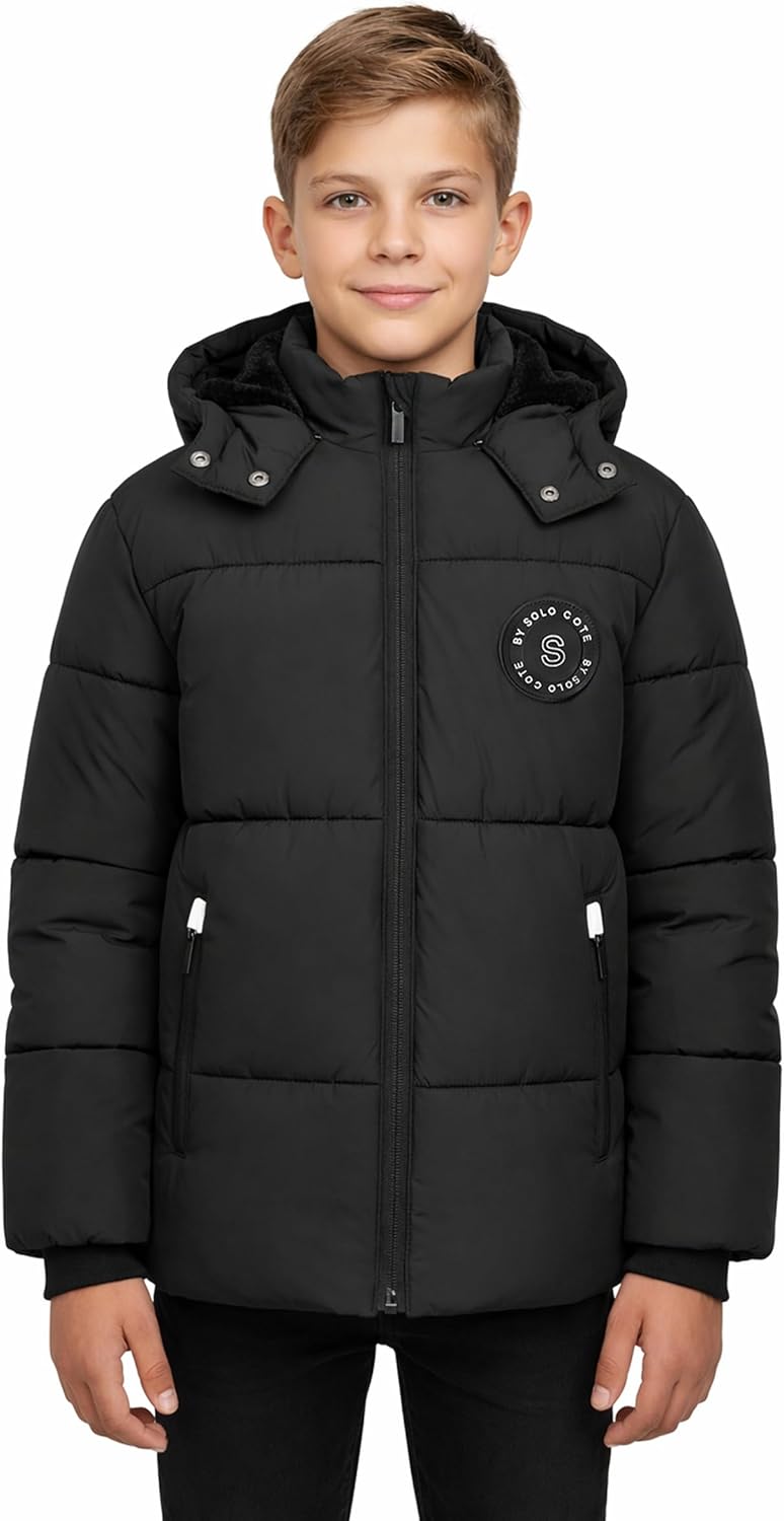 SOLOCOTE Boys Winter Coat Heavyweight Water-Resistant Windproof Hooded Puffer Jacket for Kids