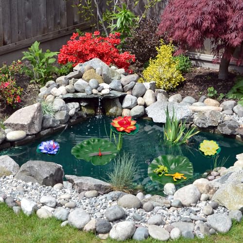 Sixfolo 20 Stück Teich Dekoration Set,Künstliche Seerosen Schwimmende Blumen,Wasserlilie Pflanzen und Künstliche Lotusblätter mit Libelle Frosch für Aquarium Terrasse Garten Pool Garten