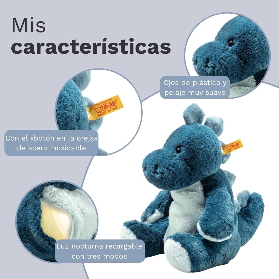 Steiff Peluche Estegosaurio Spott con luz Nocturna, Peluche Adorable con Ojos de plástico, para niños y niñas, Friends, Peluche 28 cm, Azul, 067266