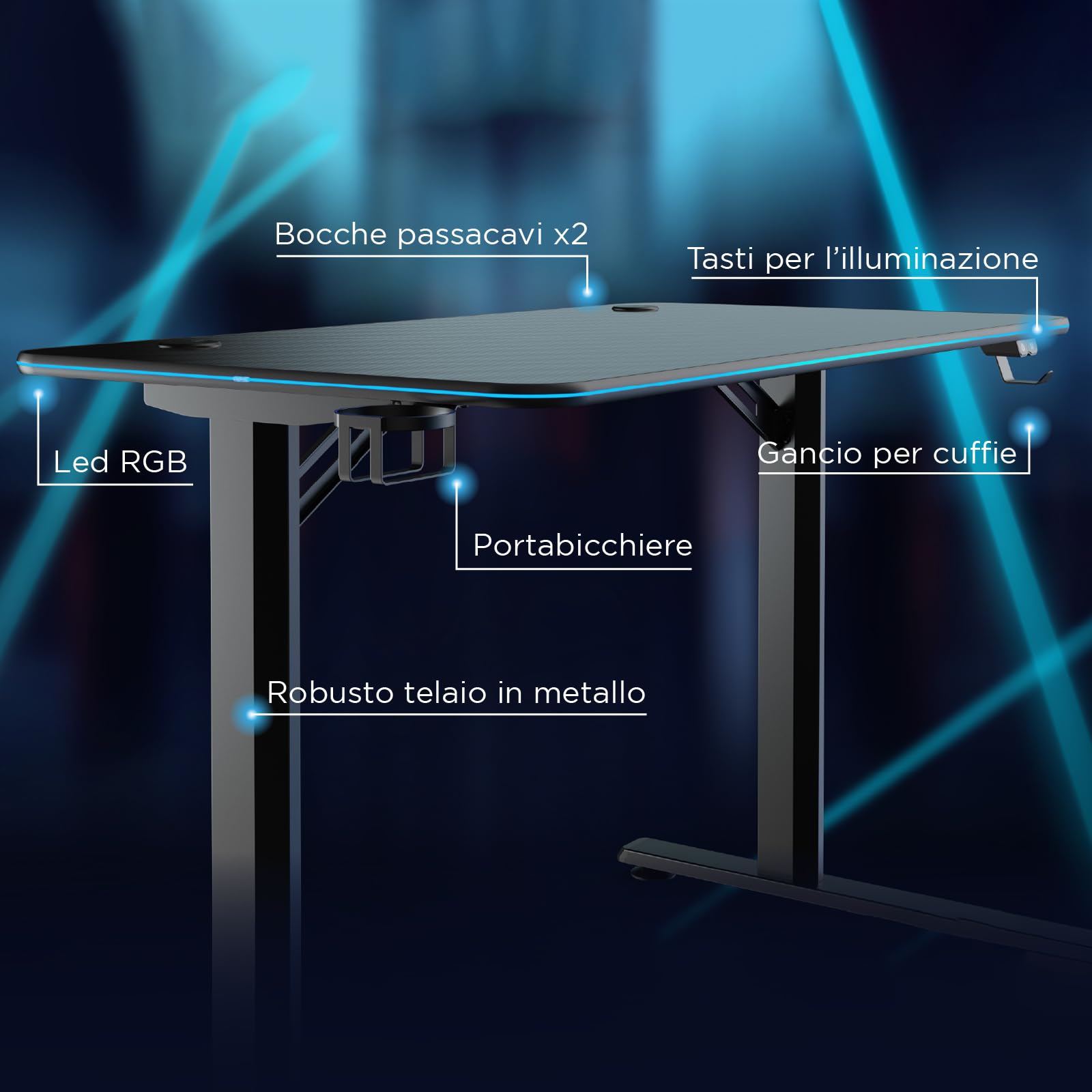 Noua Dot Scrivania Gaming RGB, Tavolo da Gioco Ergonomico, Postazione Gaming per PC Computer Monitor, Fori Passacavi, Portabicchieri e Gancio per Cuffie, 113x60x75 cm