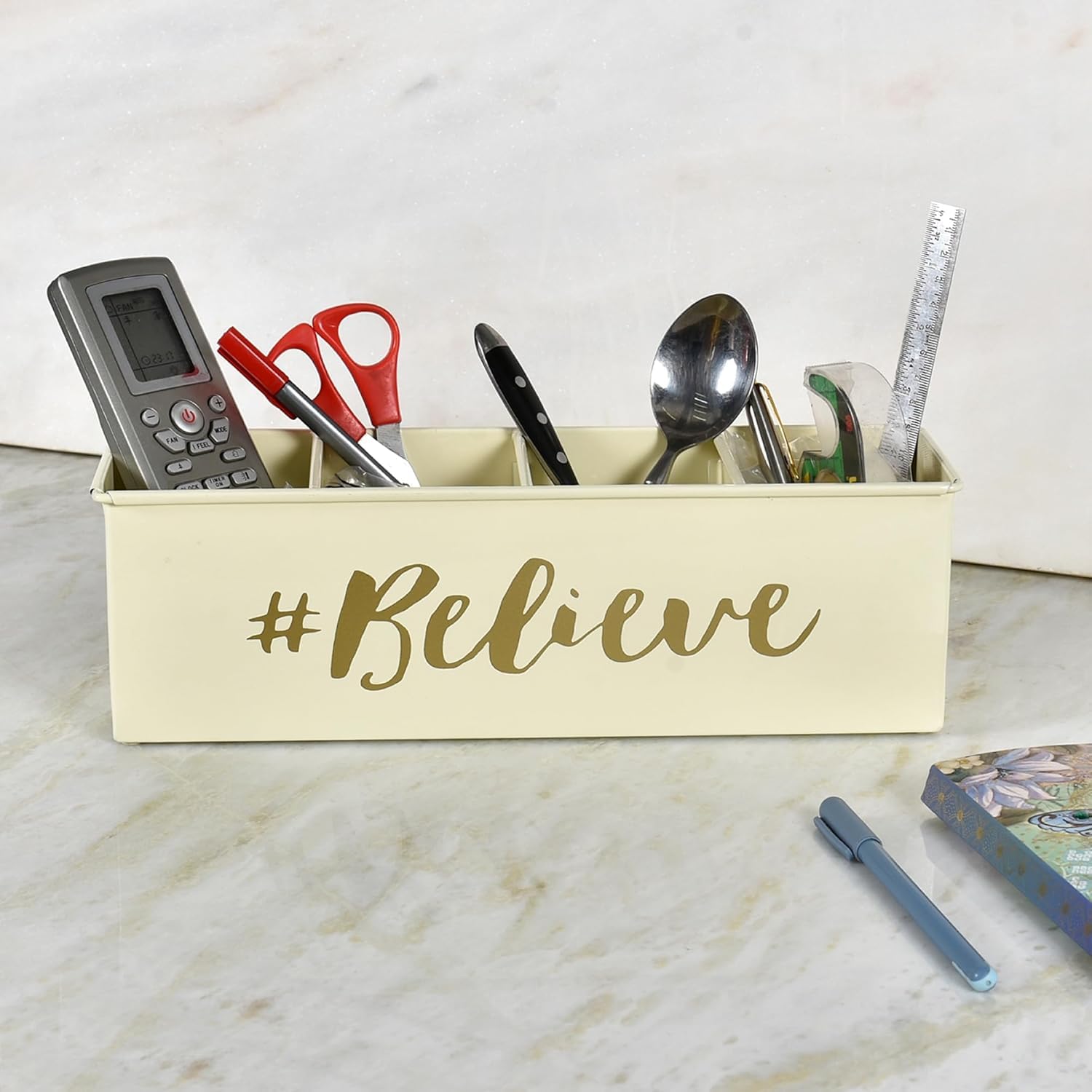 Elan Metal Mesh Pen and Pencil Stationary Storage Tidy Desk Organizer with 4 Compartment for Home and Office Unique Gifts Desk Decor With Motivation Tag Table Top Organizer (Off White)