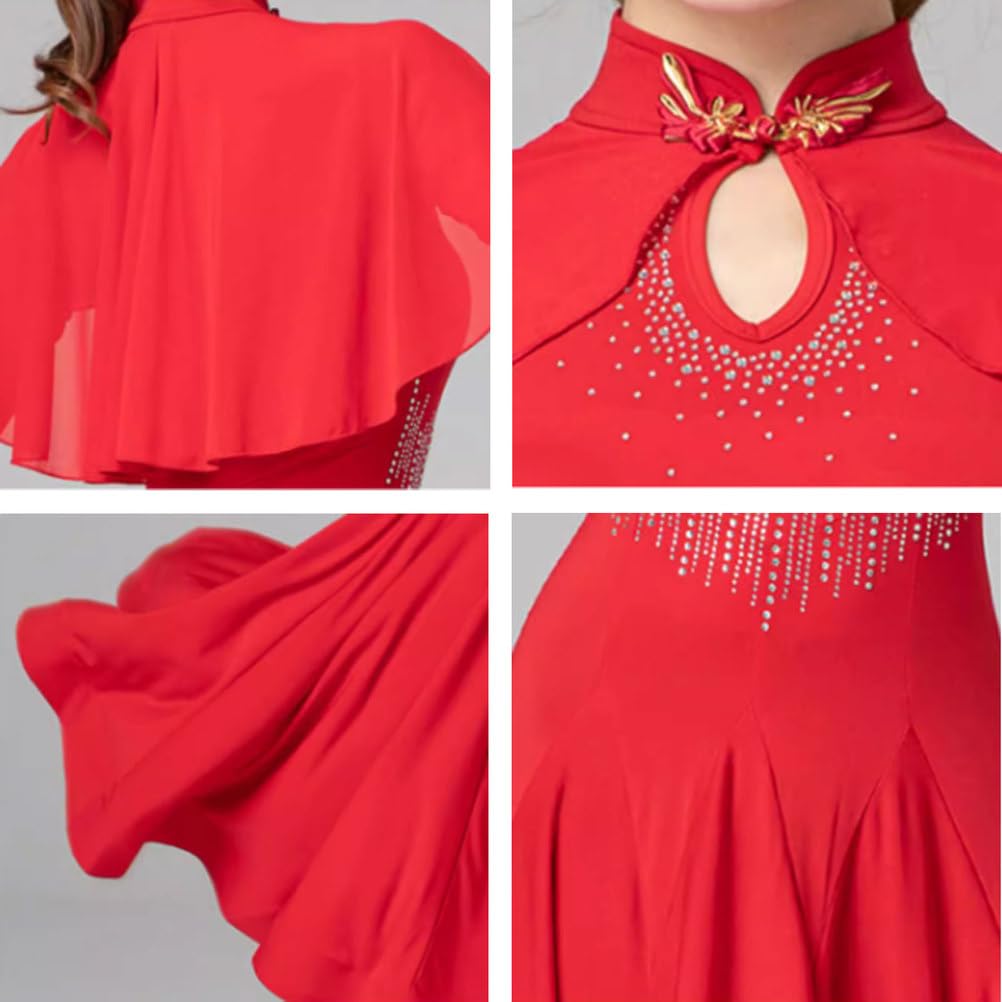 Vestido de Competencia Nacional Estándar de Mujeres Ropa de Baile de Vals Flamenco Traje de Baile Foxtrot Tango de Manga Larga Disfraz de Baile Brillante para Fiesta Salsa