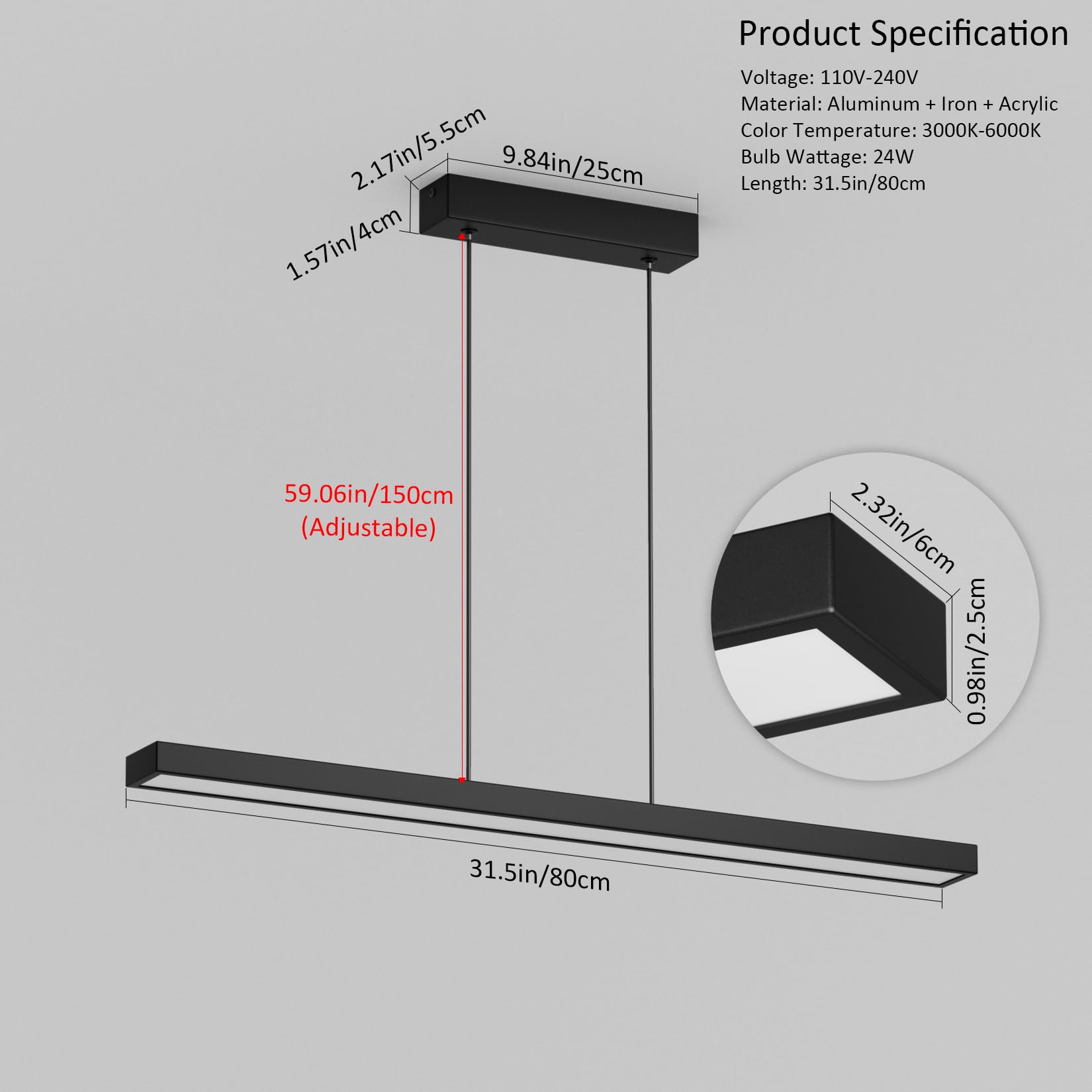80 cm Regulowana lampa wisząca, LED lampa wisząca do jadalni, ściemniana, 3000K/4000K/6000K, 24W, lampa wisząca z pilotem zdalnego sterowania, do nowoczesnej jadalni, kuchni, biura, czarna