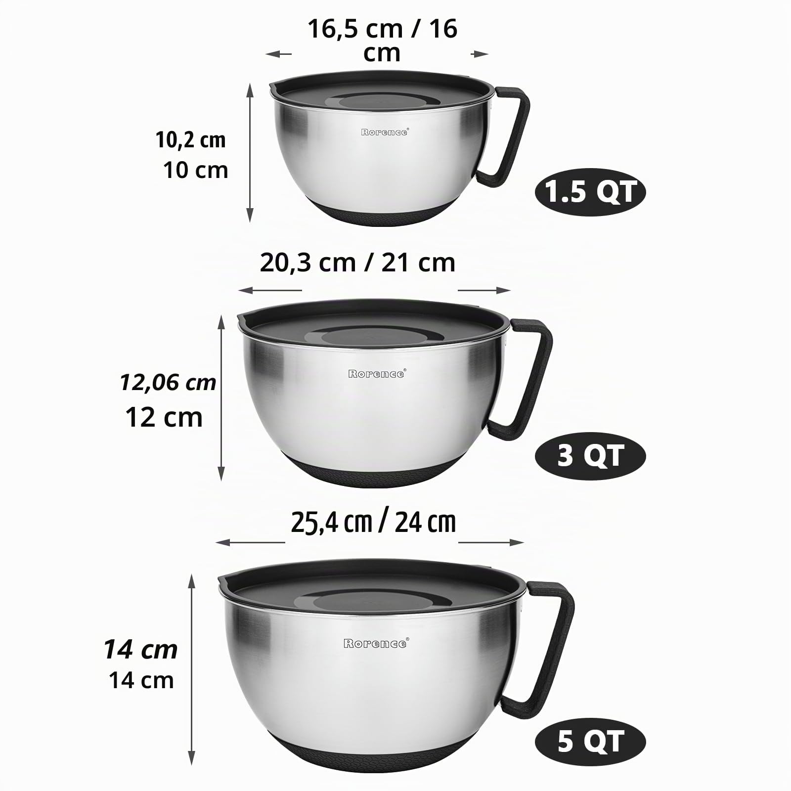 Rorence Rührschüssel Set Edelstahl mit Deckel, 3er Set Mixing Bowls mit Ausgießer & Anti-Rutsch-Boden, Küchenschüssel aus Edelstahl 18/8, 1,4L 2,8L 4,7L, Spülmaschinenfest, Schwarz