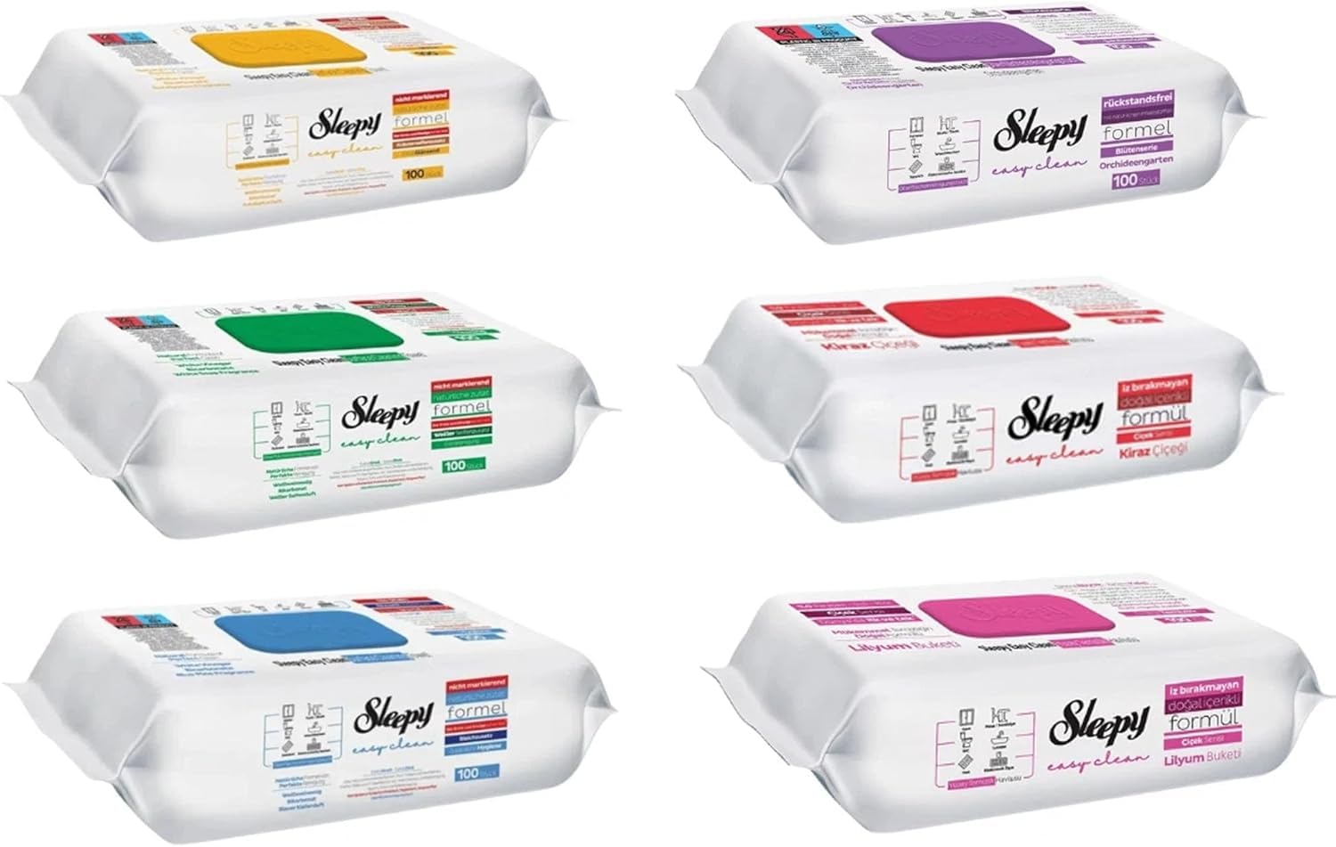 Sleepy Easy Clean Lot de 6 lingettes de nettoyage humides, 6 variétés de 100 lingettes (vert, bleu, jaune, fleur de cerisier, bouquet de lys, jardin d'orchidées) – Pour cuisine, salle de bain et