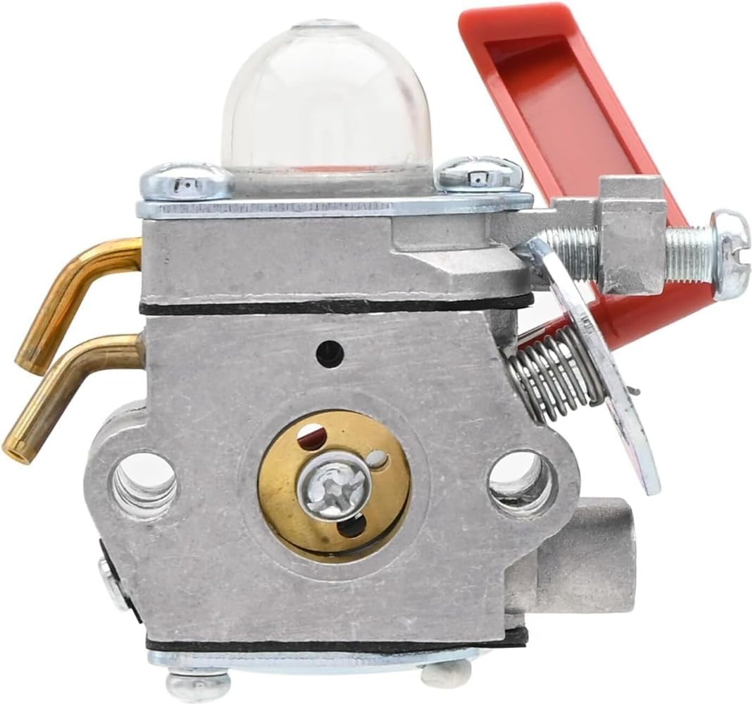 Carburetor side view showing fuel line connections