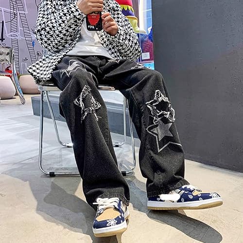 Vintage Men's Korean Denim Pants Y2K Cltohes Streetwear Printed Patchwork Male Baggy Jeans Straight Trousers (Black,M,Medium) #TOP4