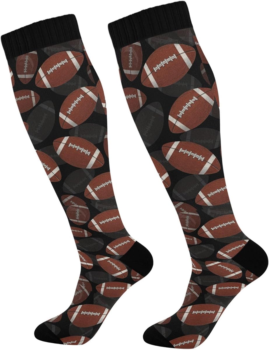 Rugby Brown Black American Football Compression Socks for Women Men Unisex Knee High Stockings for Running Athletic