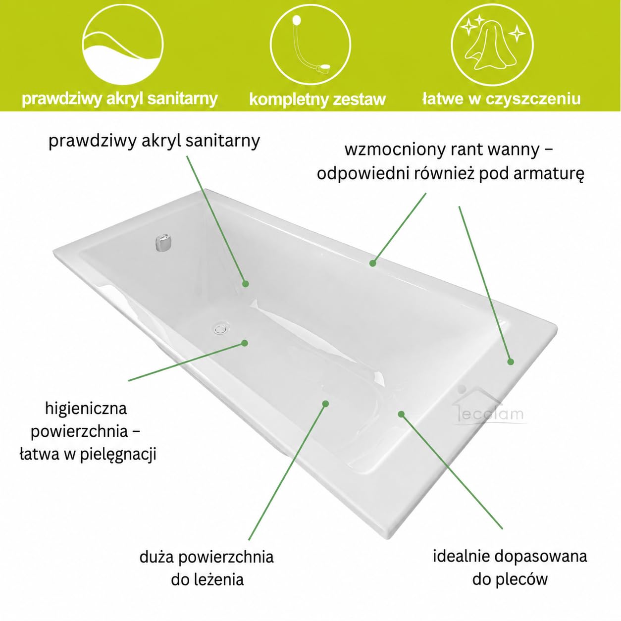 Duża wanna akrylowa ECOLAM® TAMI 190x90 cm + obudowa z polistyrenu z możliwością płytek pod oświetlenie LED, prostokątna wanna akrylowa, akryl sanitarny biały + automatyczny spust i przelew, nóżki, ko
