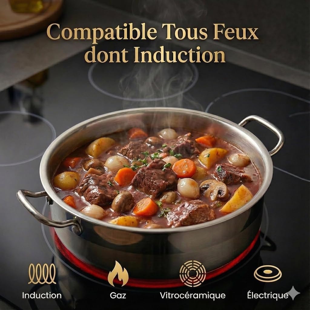 Format XXL - Marmite Basse en Acier Inox 25L - Faitout Professionnel Ø 45 cm avec Couvercle et Graduations Internes(Pour 20-30 Personnes) - Poignées Rivetées - Compatible Tous Feux dont Induction