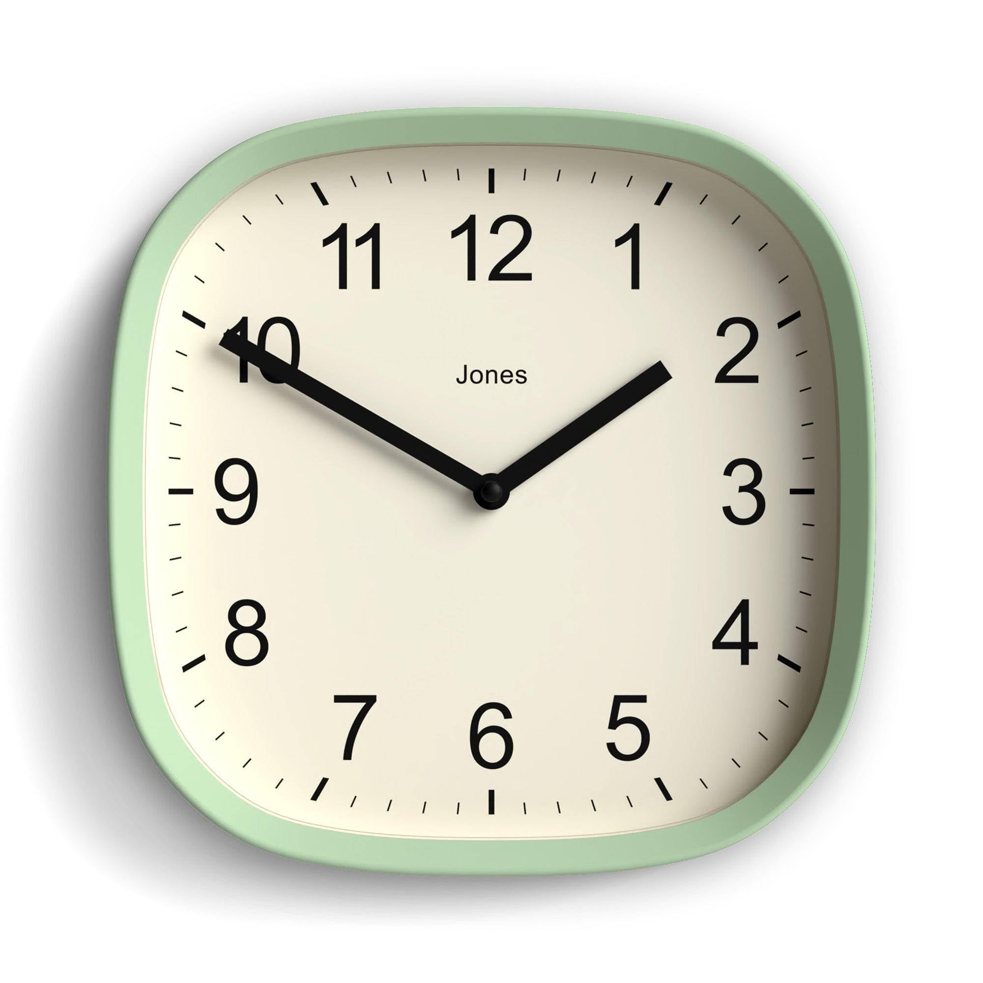 Jones Clocks Neo Mint Green Jones Clocks® Sprite Wall Clock | Retro Rounded Square Clock | 25Cm | | Cool Designer Look For Kitchen, Living Room Or Office