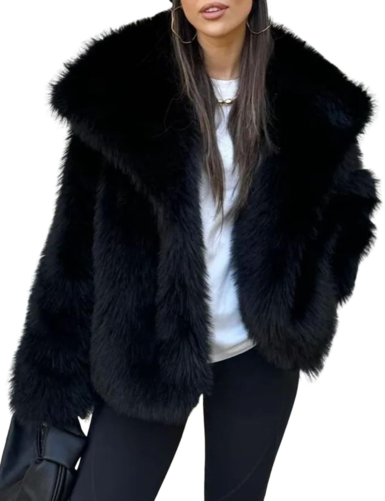 Yimoon Womens Faux Fur Coat Lapel Open Front Fluffy Shaggy Jacket Winter Warm Furry Overcoat