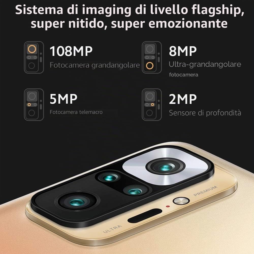 XIAOMI Redmi Note 10 Pro Smartphone RAM 6GB ROM 64GB 6.67" 120Hz AMOLED DotDisplay 108MP Wide-Angle Fotocamera 5020mAh (typ) Batteria NFC Dual SIM Card Oro [Versione Italiana]