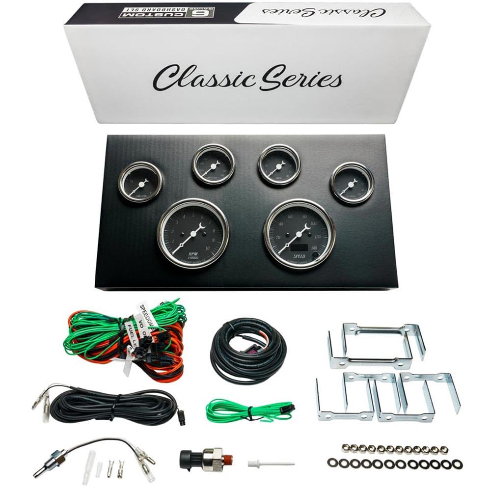 GlowShift Classic Series Black Custom Cluster Dashboard 6 Gauge Set - 3-3/8" (85mm) Speedometer & Tach - 2-1/16" (52mm) Fuel Level, Oil Pressure, Water Temp & Volt Gauges - Vintage Style Design