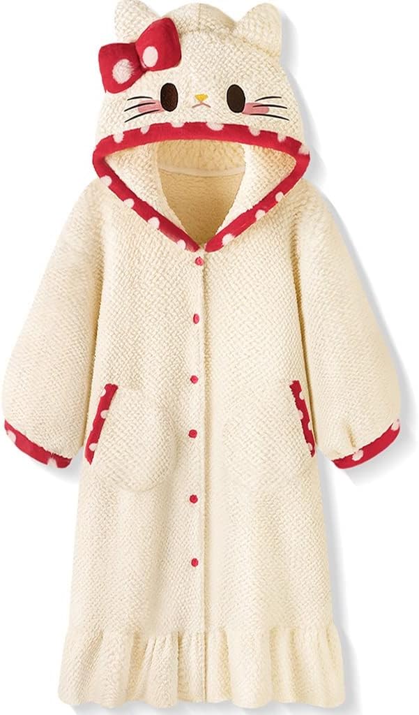 レディース フリース フード付き バスローブ、贅沢なプラッシュ フリース 冬用レディースローブ、快適なフルレングスの暖かいナイトドレ