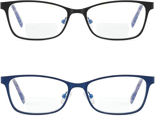 Miniatura 2 de Gafas de lectura bifocales para mujer, bloqueo de luz azul con parte superior transparente, lector de computadora, marco de metal ancho, elegantes