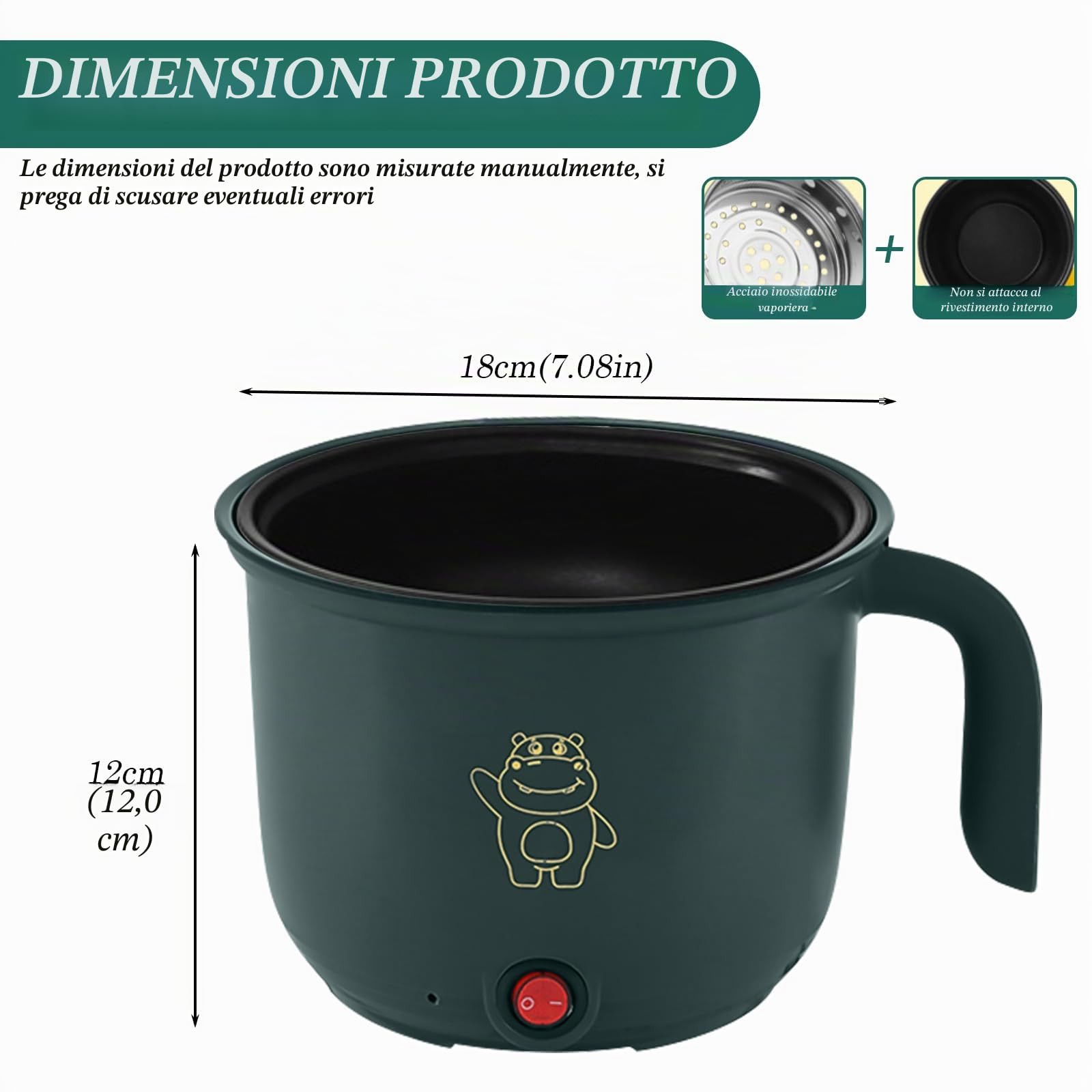 Mini Pentola Elettrica: Pentola Elettrica Portatile, Multifunzionale Pentola Elettrica Piccola, 1,8L Padella Elettrica Antiaderente Domestico, con Vaporiera in Acciaio Inox, 600W, 220V,Verde