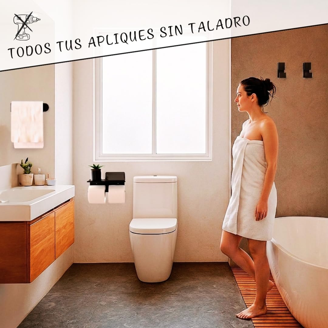 Accesorios Baño sin Taladro - Set de Baño 4 Piezas (Portarrollos Doble con Balda, Toallero y 2 Ganchos) - Accesorios Baño Negro Mate Texturizado - Kit de Instalación Incluido para un Montaje Sencillo