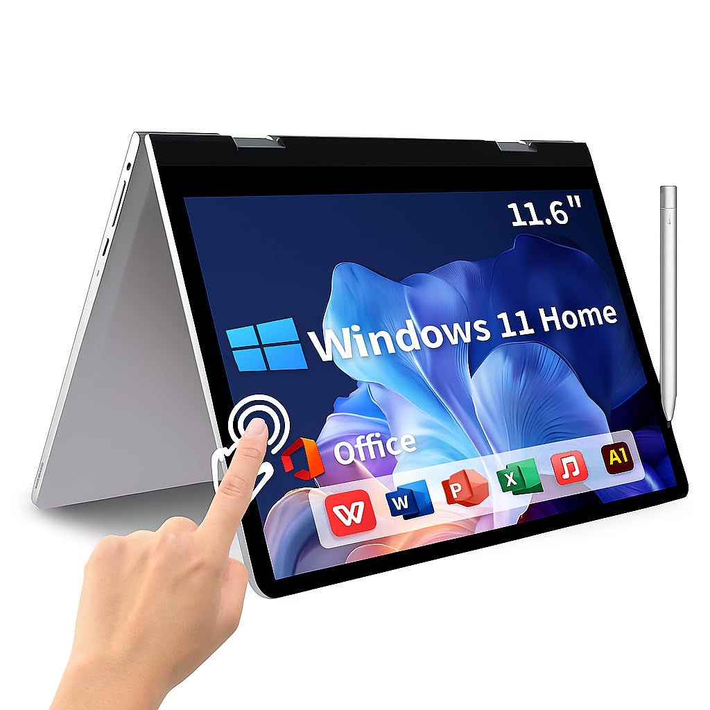 Ordinateur Portable Tactile 12 Pouces pc Hybride 2 en 1 Tactile pc Portable Windows 11 Ordinateur Tablette 256 Go SSD 4 Go RAM Laptop 2 in 1 360°Flip Touch Screen Tablette avec Clavier