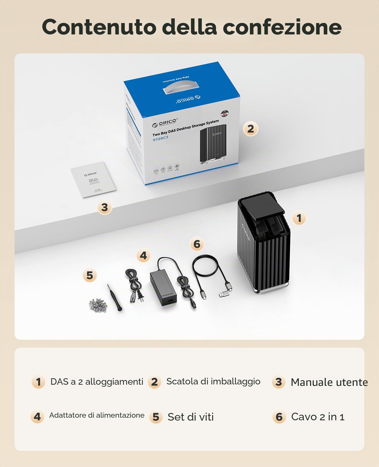 ORICO Enclosure per disco rigido a 2 alloggiamenti per HDD/SSD SATA da 2,5"/3,5", archiviazione DAS con adattatore di alimentazione 12V/4A, Plug and Play massimo 2* 22TB di archiviazione per database