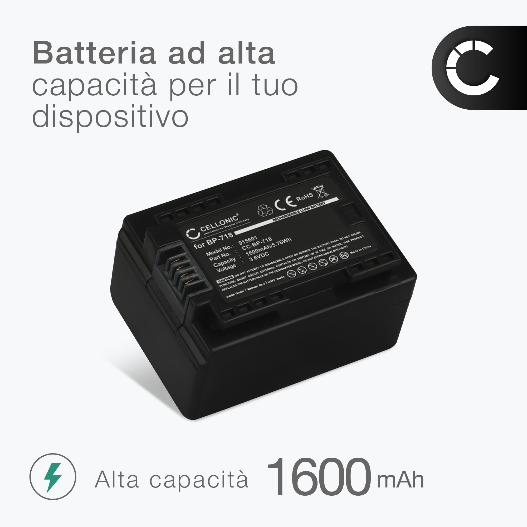 CELLONIC 1x Batteria per Fotocamera Compatibile con Canon VIXIA HF R50, LEGRIA HF R806, LEGRIA HF R606, BP-727 – (1600mAh, 3.6V)