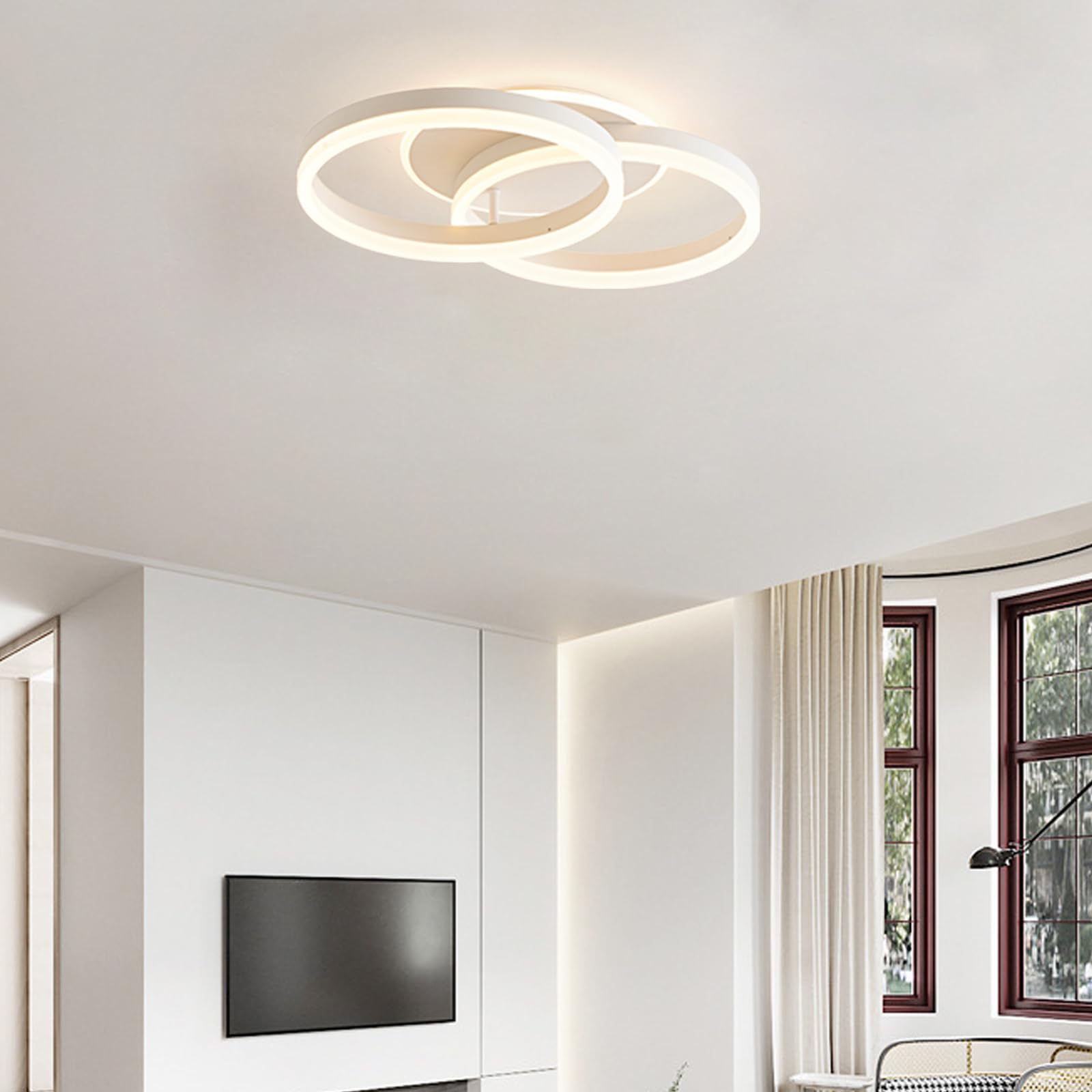 Smart Plafoniera LED Alexa, φ50 cm Design 2 Ring, Lampada da Soffitto 36W, Dimmerabile con Telecomando, Metallo+Acrilico, per Cucina, Camera da letto, Sala da Pranzo Bianco