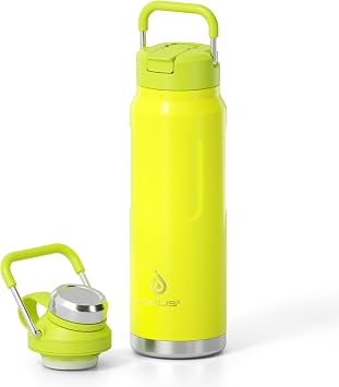 IDEUS 32 oz Insulated Water Bottle, Leak Proof Stainless Steel Sports Water Cup Flask with Straw & Spout Lid, Wide Mouth Sports Flask for Gym, Hiking, Office, Yellow