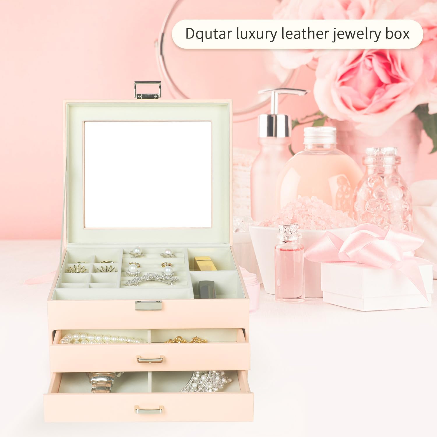 Jewelry Box for Women | 3-Layers Jewelry Organizer Storage Display with Glass Lid and 3 Drawers | Large Capacity for Necklace Earrings Bracelets Ring(Pink)
