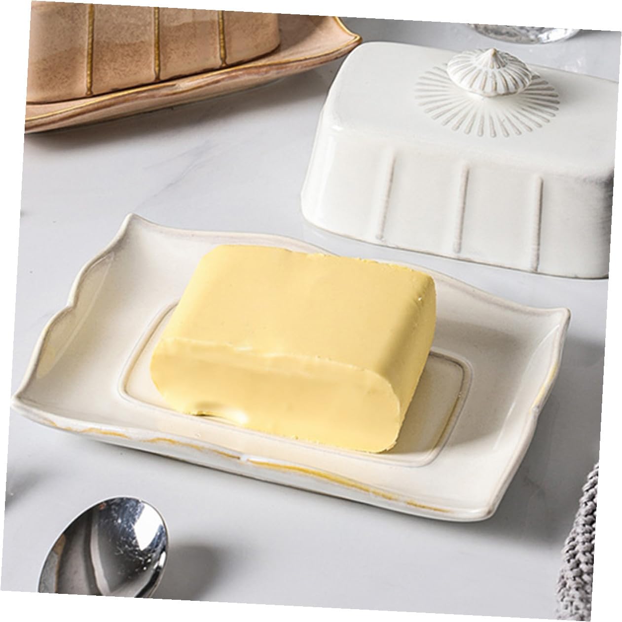 Beurrier Céramique Blanc Couvercle, Plateau à Beurre Pratique Conservation des Aliments, Décoration Cuisine Service à Domicile