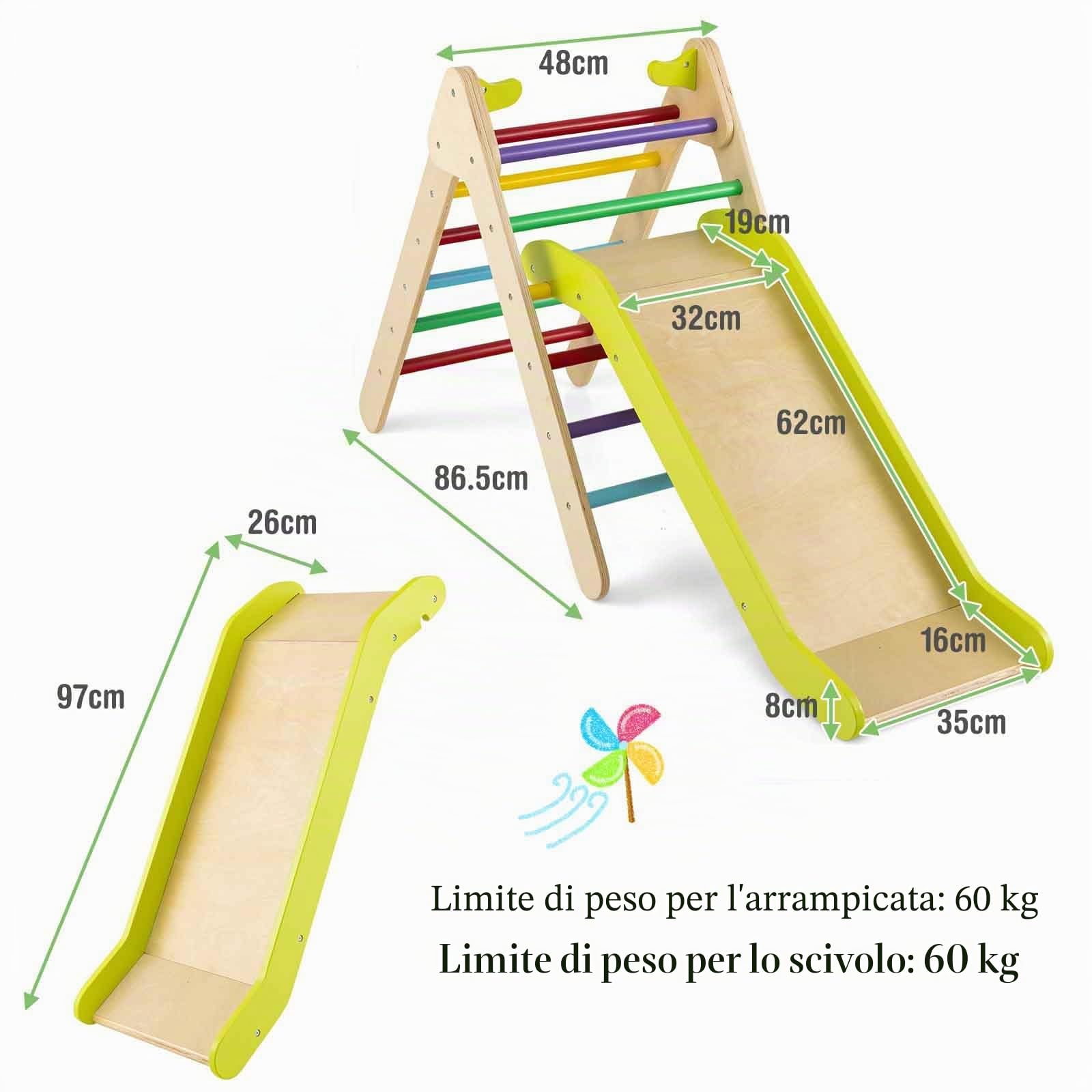 HOMASIS Triangolo da Arrampicata per Bambini con Scivolo Regolabile in Altezza, Triangolo Montessoriano per Bambini in Legno, Parco Giochi per Bambini da 1 Anno in Su, 86,5 x 73,5 x 48 cm (Colorato)