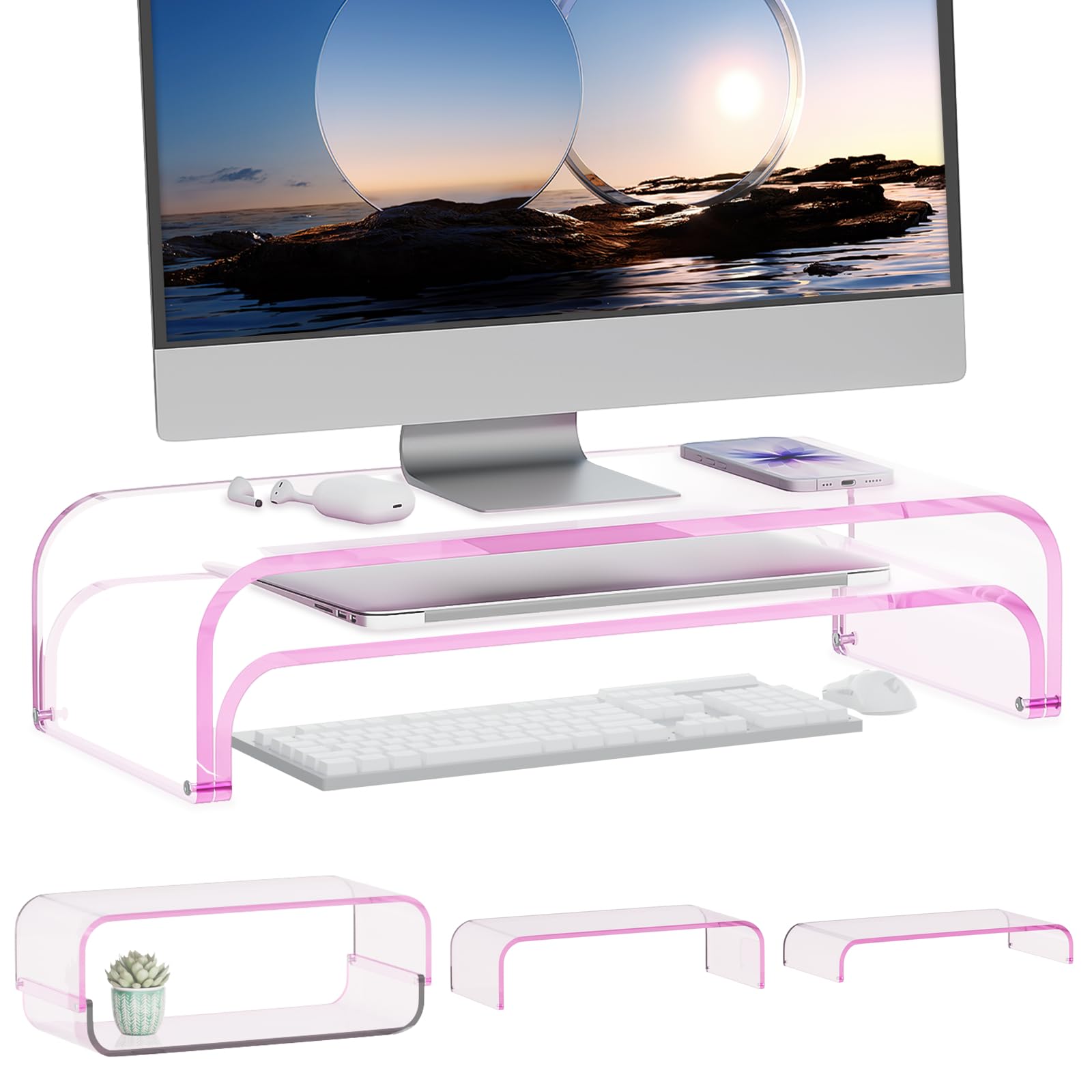 ERGO COLLECT Monitorständer Acryl 2er-Set, 2-Ebenen Bildschirmerhöhung Modular, Monitor Riser für Schreibtisch & Home Office, Laptop Ständer Transparent für iMac, PC, Drucker & Tastatur