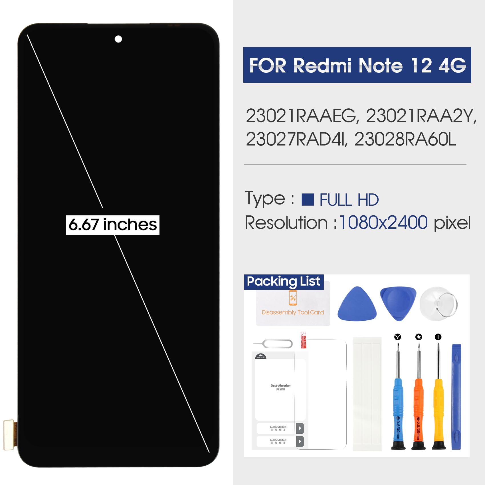 per Xiaomi Redmi Note 12 4G / 5G / Poco X5 5G LCD Display - per Redmi Note 12 LCD Schermo Digitizer Touch Screen 23021RAAEG 23021RAA2Y 23027RAD4I Sostituzione Assembly Tools
