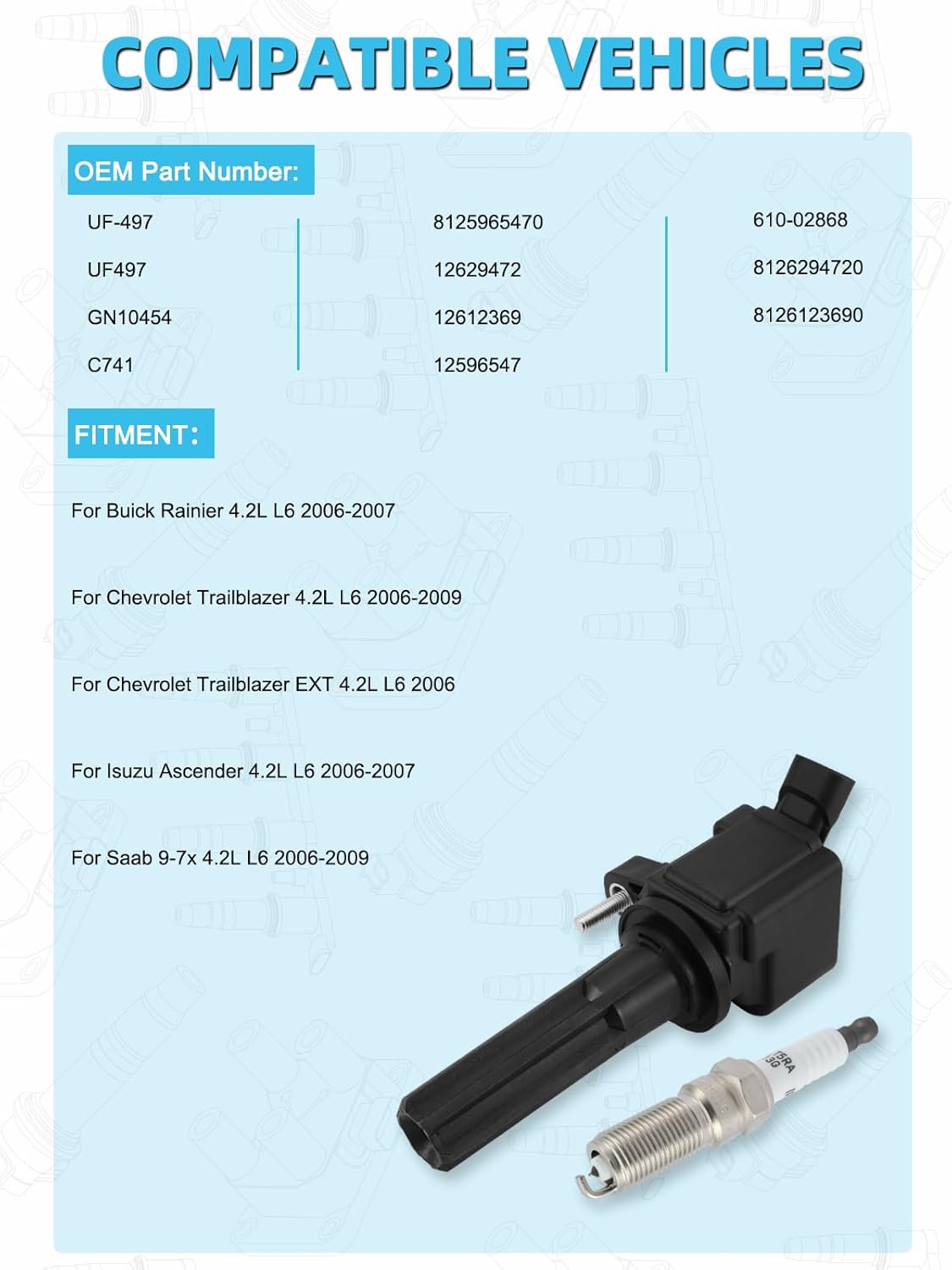 Set of 6 UF497 Ignition Coil Pack & Iridium Spark Plug (4.2L Only) For Chevrolet Trailblazer Saab 9-7x 2006-2009 & Buick Rainier Isuzu Ascender 2006-2007,Replace # C741 GN10454 12596547