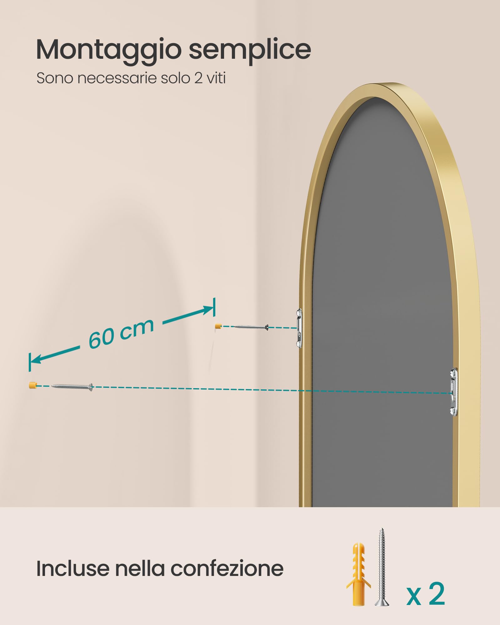 SONGMICS Specchio Bagno, Specchio da Parete, ad Arco, Cornice in Alluminio, 91 x 61 cm, Pellicola di Sicurezza, Facile da Montare, Soggiorno Camera da Letto, Oro Pallido LWM011AB01