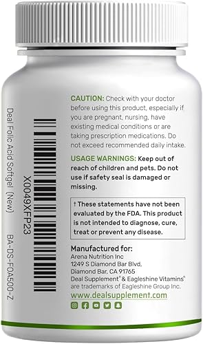 Miniatura 8 de DEAL SUPPLEMENT Ácido fólico 1000 mcg (1 mg), 500 cápsulas blandas de aceite de coco | Vitaminas prenatales biodisponibles (vitamina B9) – 1,667 mcg