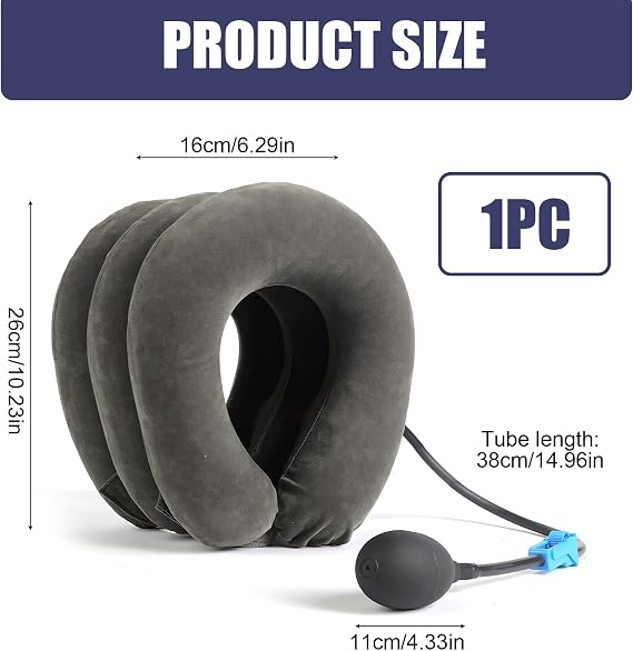 Cervical Neck Traction Device Inflatable Neck Stretcher Support Brace Adjustable Support Pillow Traction Collar for Chronic Shoulder Pain Relief Brace Spine Alignment Decompression Relaxer Grey