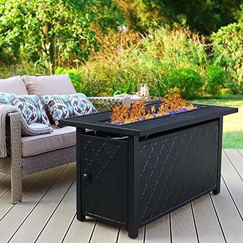 Phi Villa Gas Fire Pit Table, 45 Inch Large Long Rectangular Outdoor Patio Propane 50000 Btu Fire Table With Lid And Blue Fire Glass, Black #TOP11