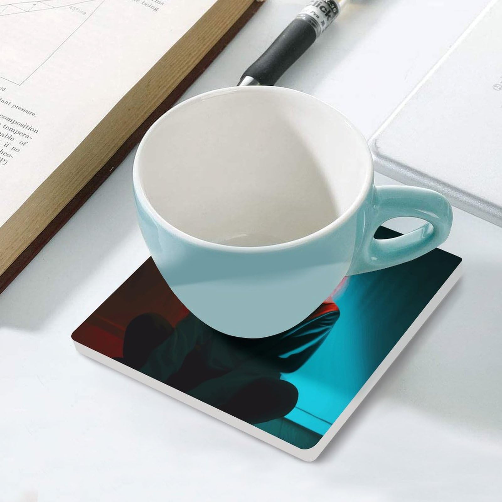 6 posavasos cuadrados de cerámica para bebidas sentado en la habitación oscura, posavasos impresos para el hogar y el café, regalos de cumpleaños, adecuados para tipos de tazas