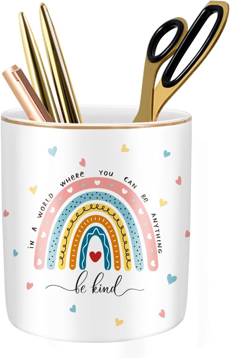 WAVEYU Pen Holder, Ceramic Durable Pencil Cup for Desk， Simple&Modern Style Makeup Organizer, Cute Multifunctional Office Supplies for Home, Kids and School, Rainbow Pattern